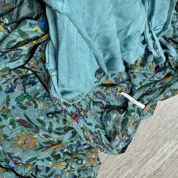 Free People Metallic Floral Midi Dress XS Puff Sleeve Light Blue Lined Oversized - Picture 4 of 9